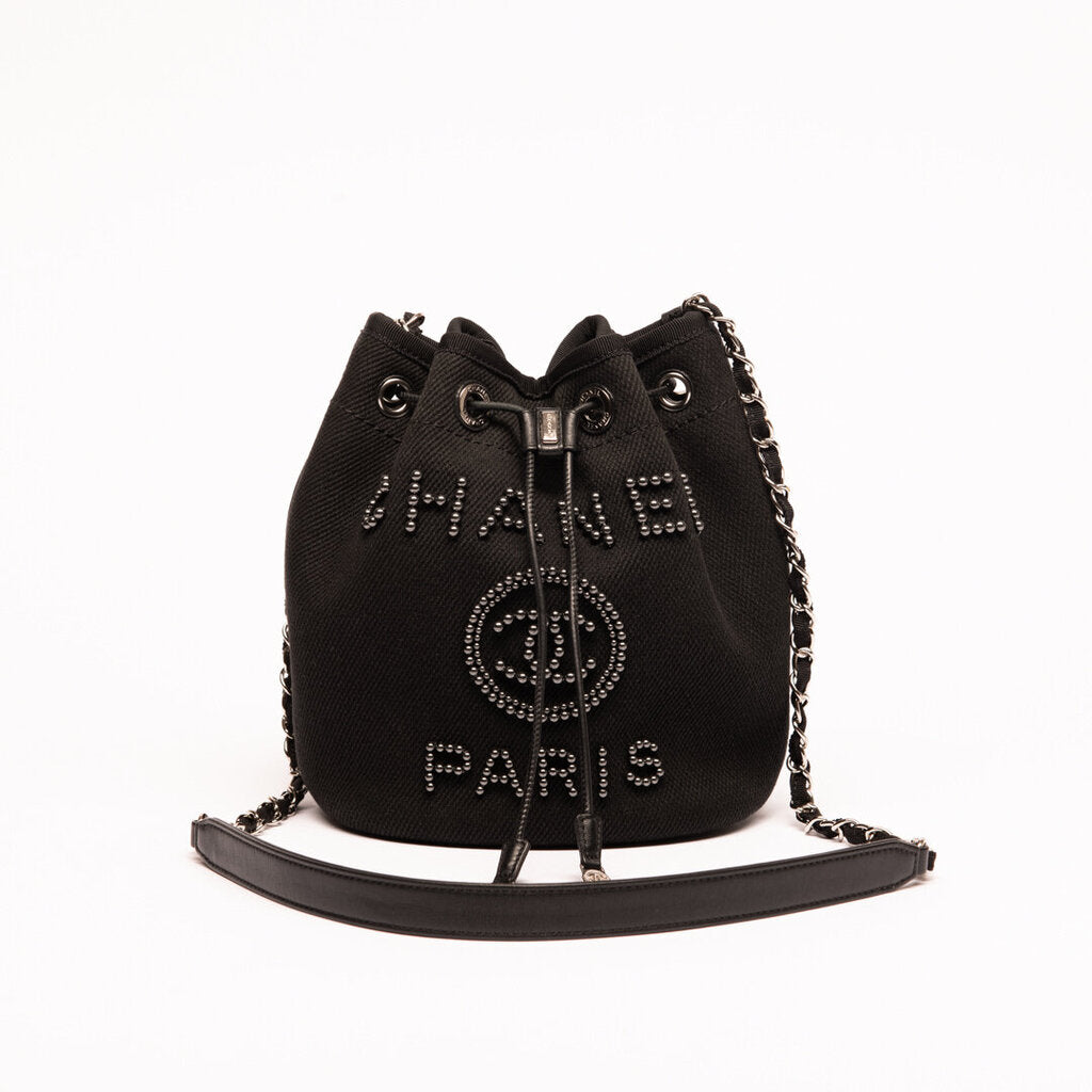 Chanel Black Studded Canvas Deauville Drawstring Bucket Bag