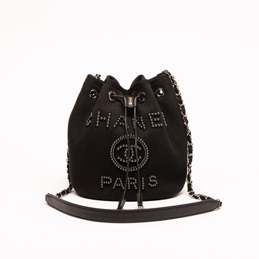 Chanel Black Studded Canvas Deauville Drawstring Bucket Bag