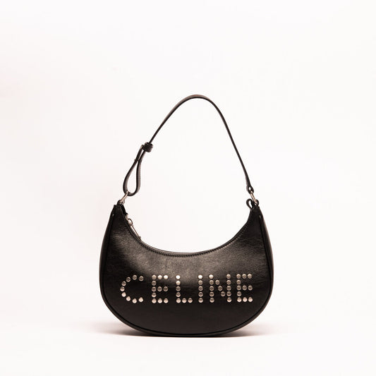 Celine Black & Silver Studded Logo Shoulder Bag