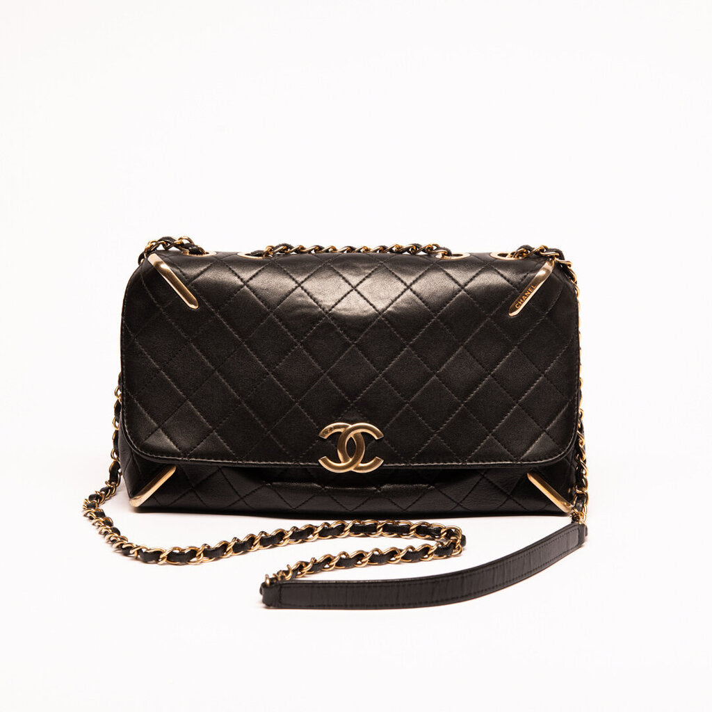 Chanel Black Sheep Skin Gold Corner Shoulder Bag