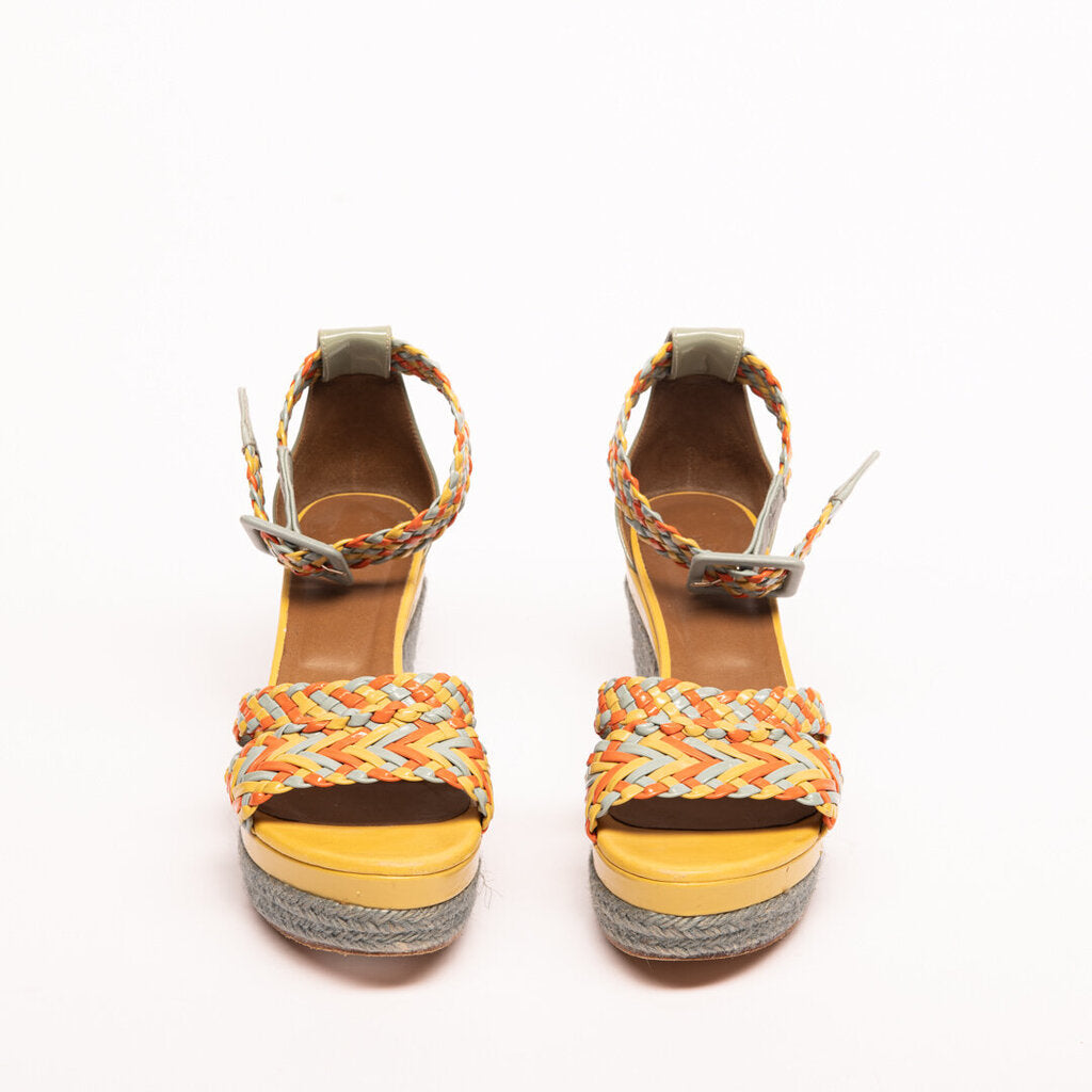 Hermes Blue, Yellow & Orange Patent Leather Espadrille Wedge