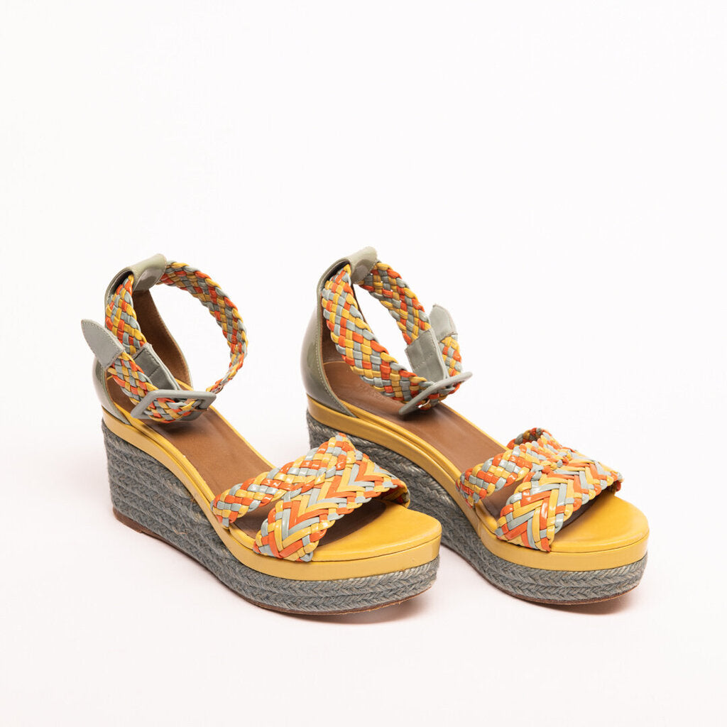 Hermes Blue, Yellow & Orange Patent Leather Espadrille Wedge