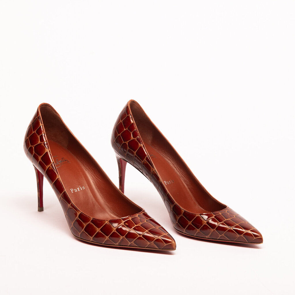 Christian Louboutin Brown Patent Leather Croc Embossed Pump
