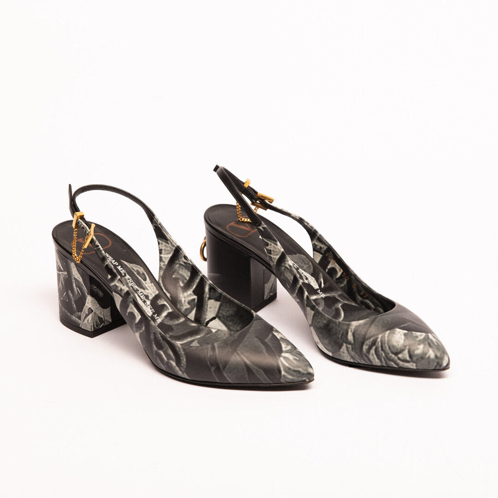 Valentino Black Rose Print Slingback Pump