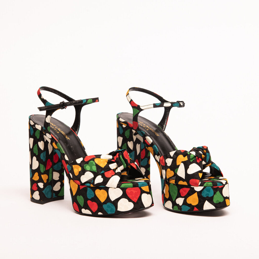 Saint Laurent Black & Rainbow Heart Print Satin Platform Heel