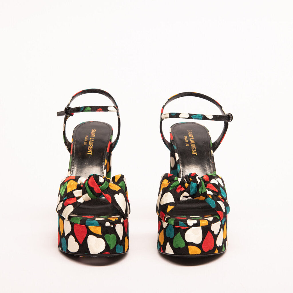 Saint Laurent Black & Rainbow Heart Print Satin Platform Heel