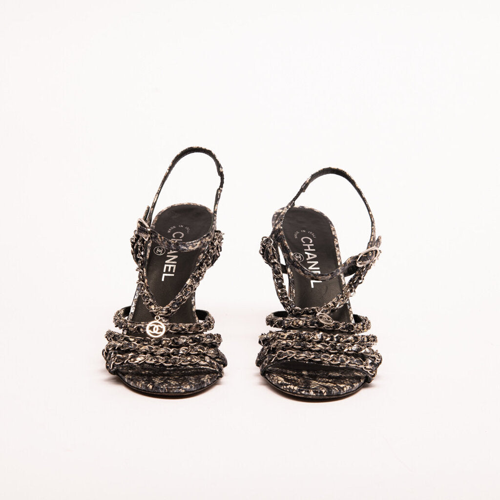 Chanel Grey & White Python Chain-Accent Heels