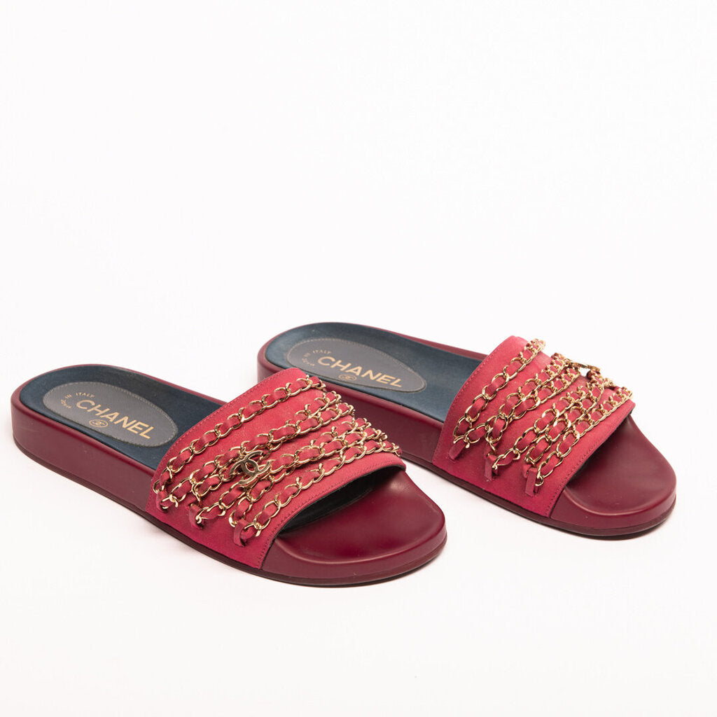 Chanel Red Leather & Satin Tropiconic Chain Slides (2017)