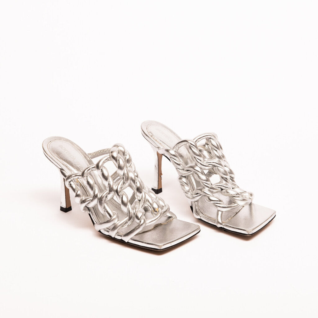 Bottega Veneta Silver Metallic Braided Sandal