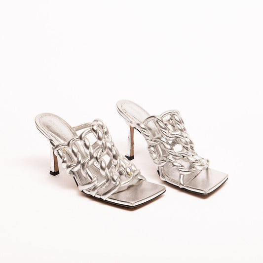 Bottega Veneta Silver Metallic Braided Sandal