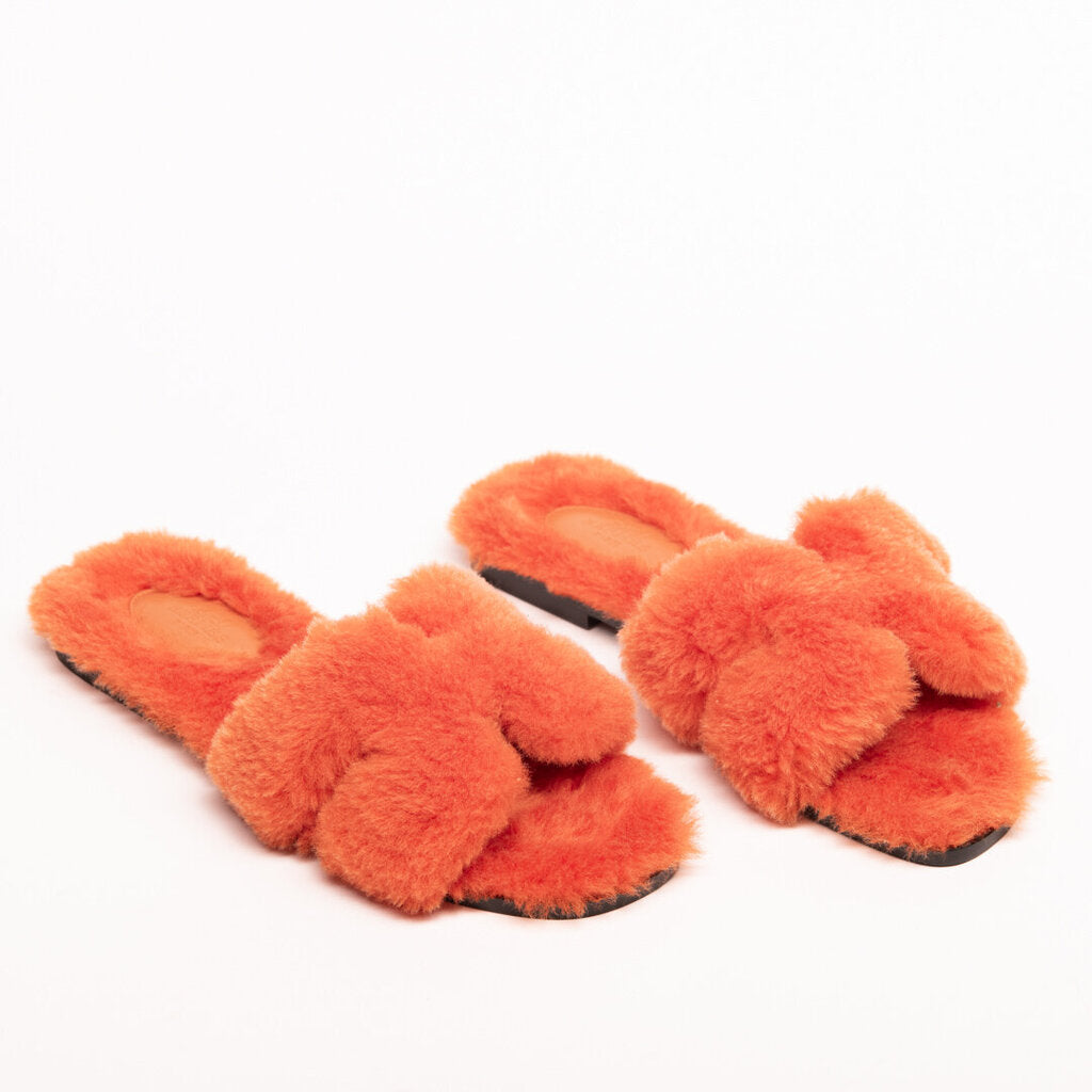 Hermes Orange Shearling Slides