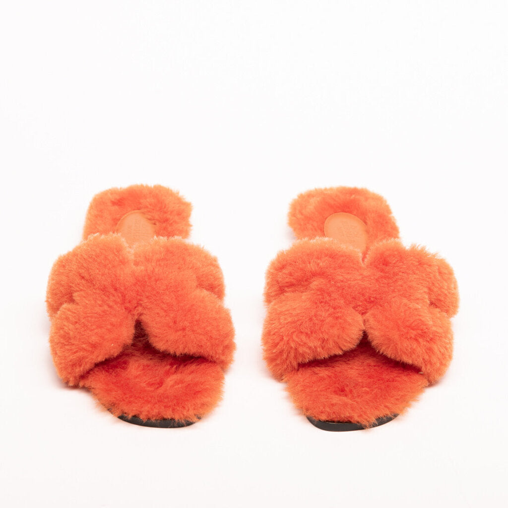 Hermes Orange Shearling Slides