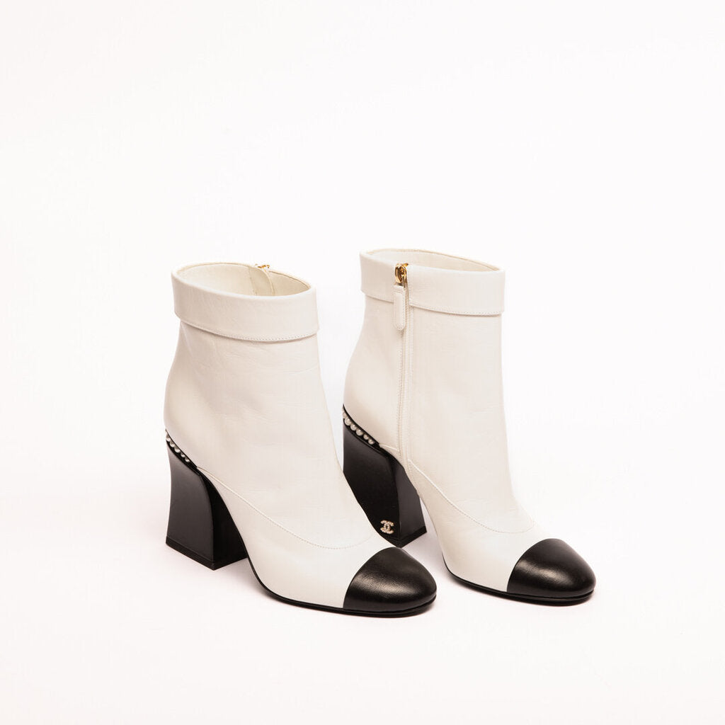 Chanel White Leather Cap Toe Pearl-Accent Heeled Boots