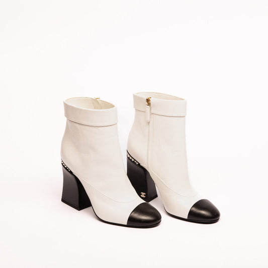 Chanel White Leather Cap Toe Pearl-Accent Heeled Boots