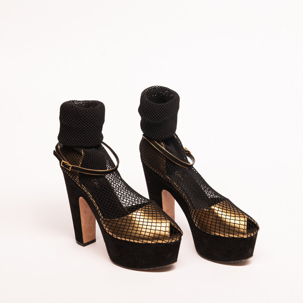 Christian Dior Black & Gold Fishnet Platform Pump