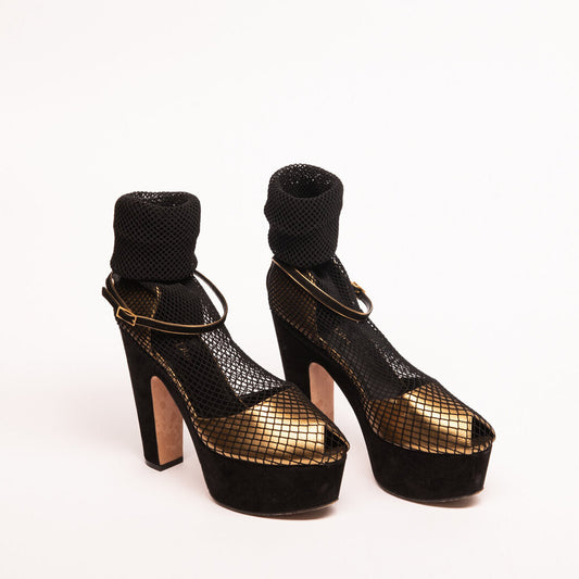 Christian Dior Black & Gold Fishnet Platform Pump