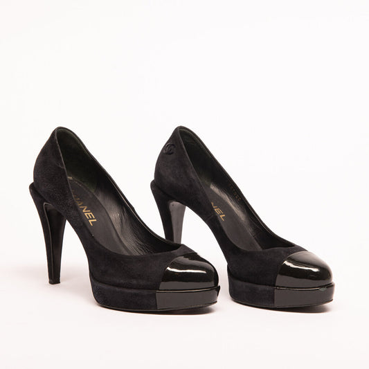 Chanel Black Suede Leather Cap Toe Pump