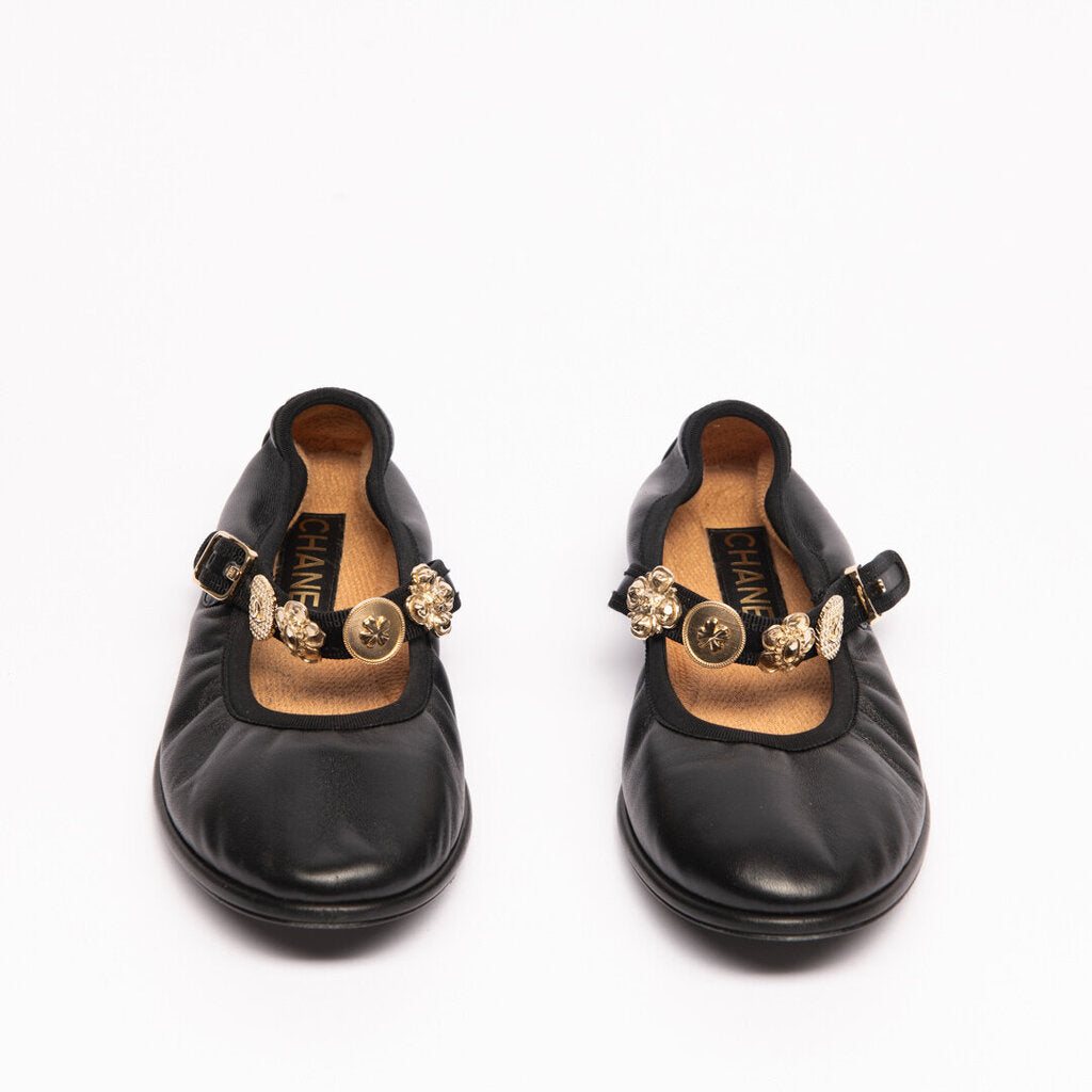 Chanel Black Leather Metiers d'Art Charm Mary Jane Flats