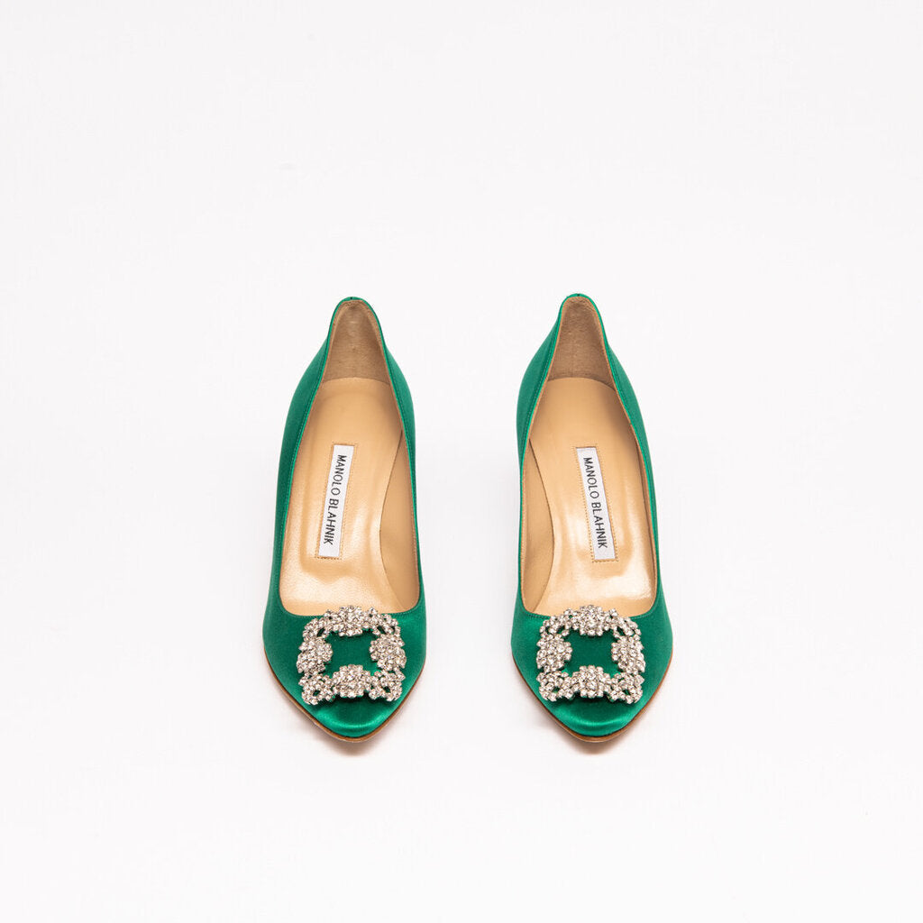 Manilo Blahnik Dark Green Satin Jewels Heels
