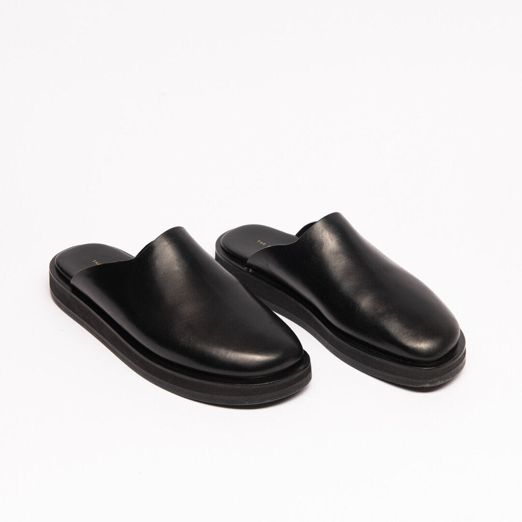 The Row Black Leather Mule Slides