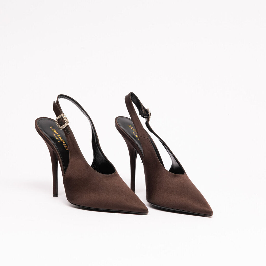 Saint Laurent Brown Satin Slingback Pump