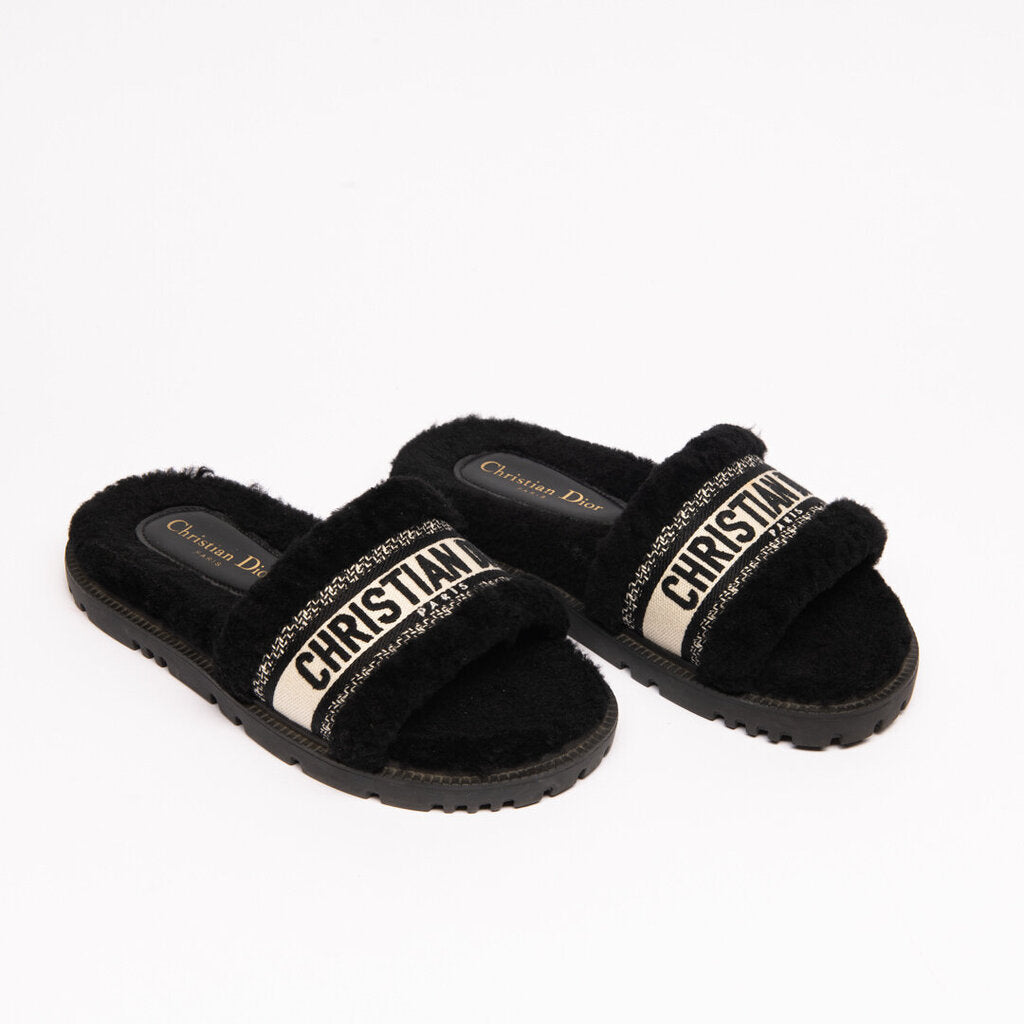 Christian Dior Black Shearling Dway Slides