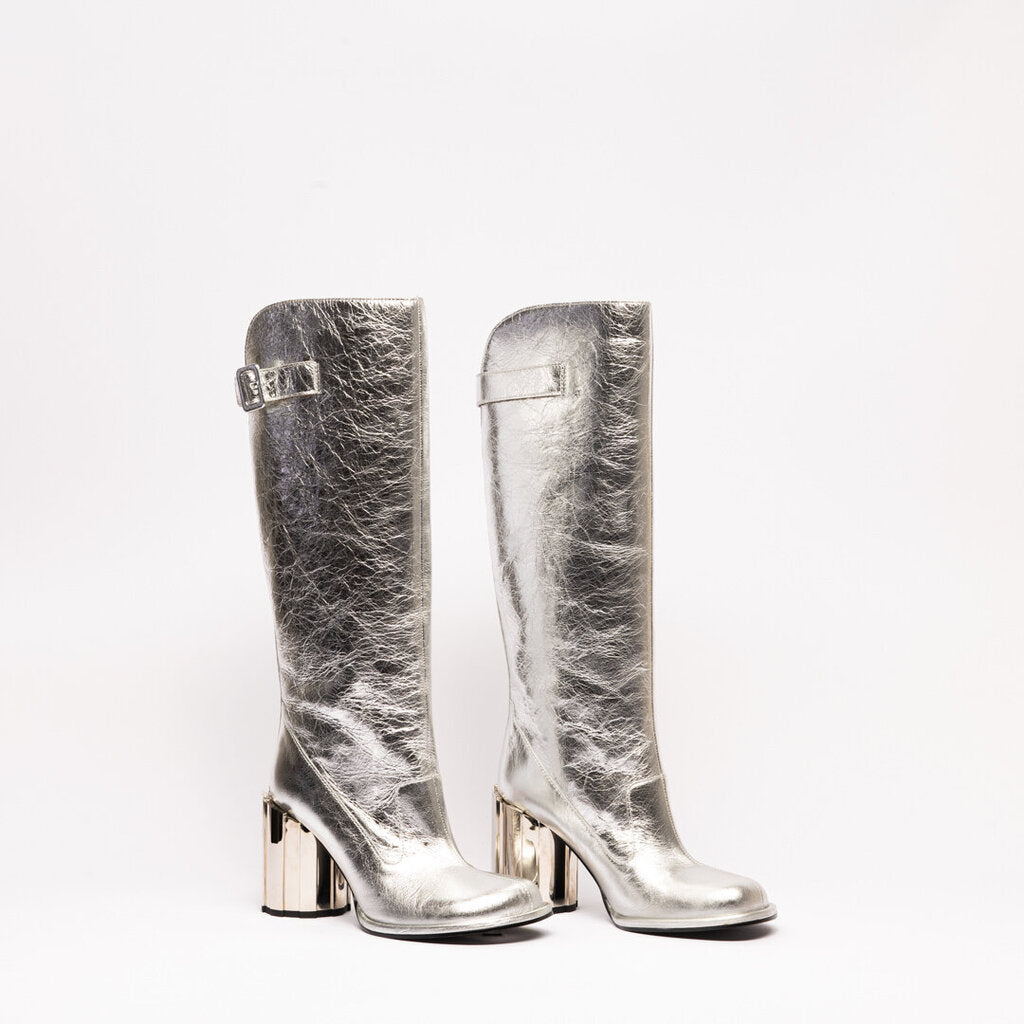 Ami Silver Leather Block Heel Knee High Boots