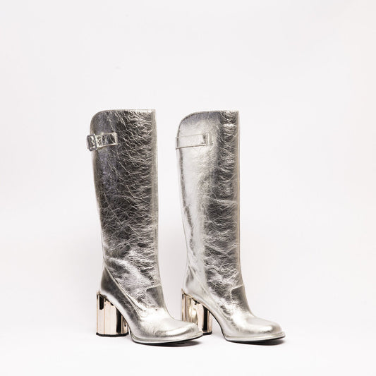 Ami Silver Leather Block Heel Knee High Boots