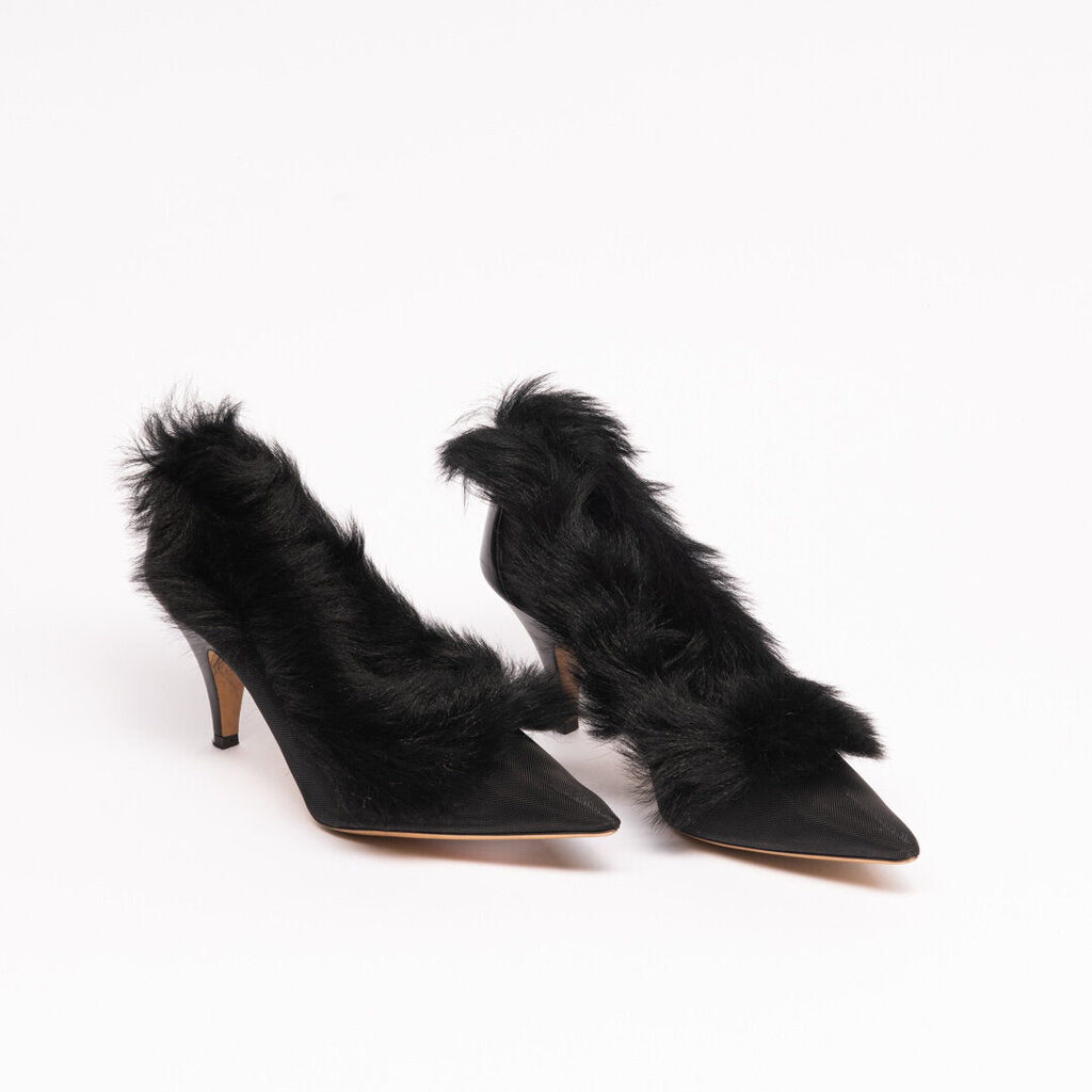 Khaite Black Shearling Trim Mesh Pump