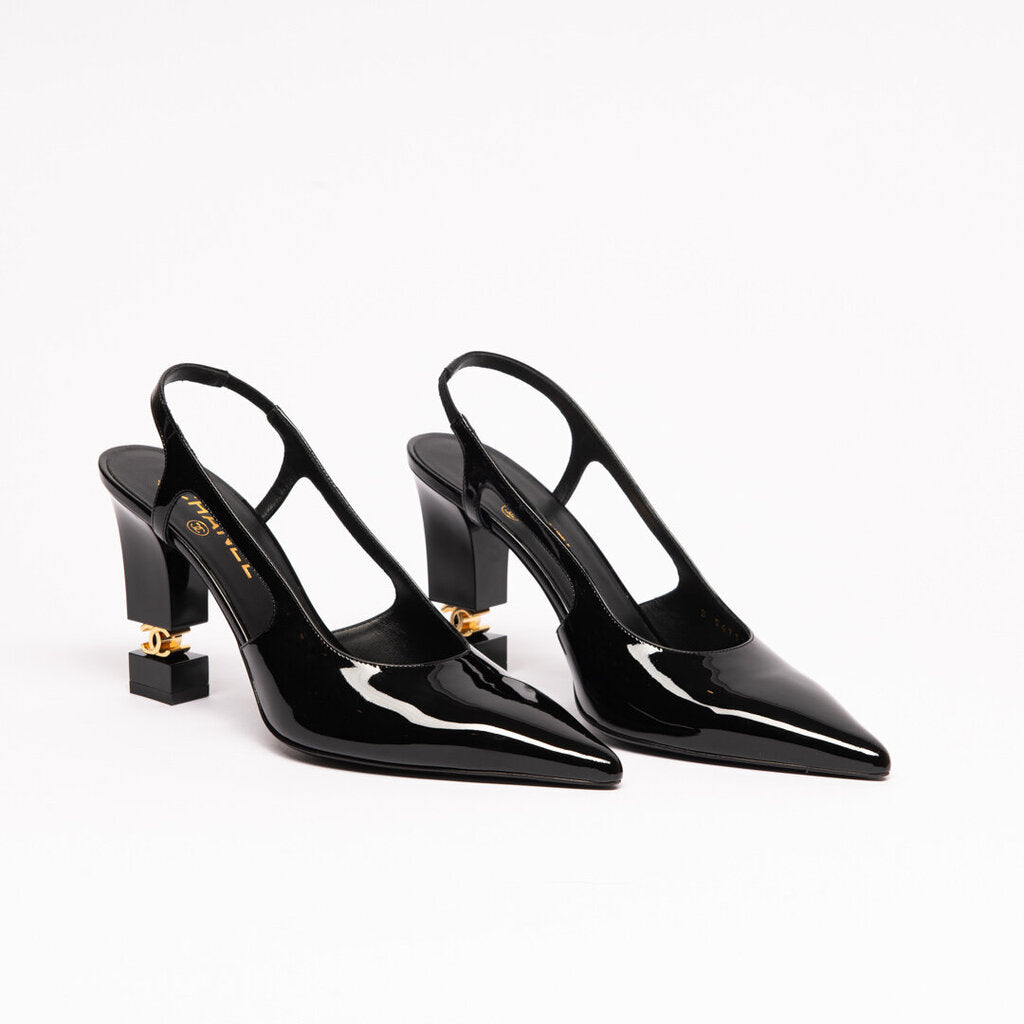 Chanel 26A Metiers D'Art Black Patent Slingback Heels