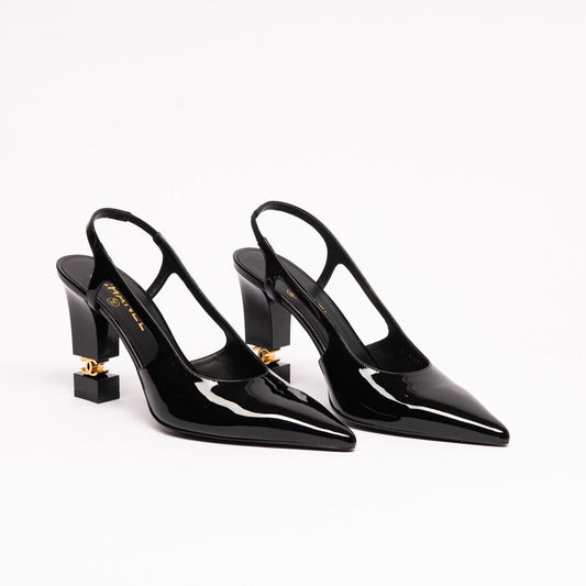 Chanel 26A Metiers D'Art Black Patent Slingback Heels