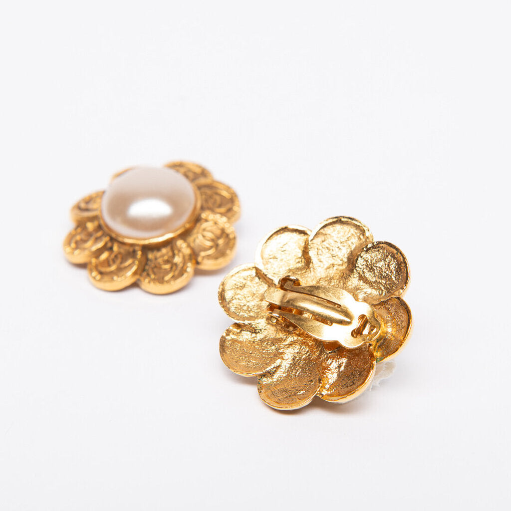 Chanel Pearl Flower Shaped Clip On Earrings