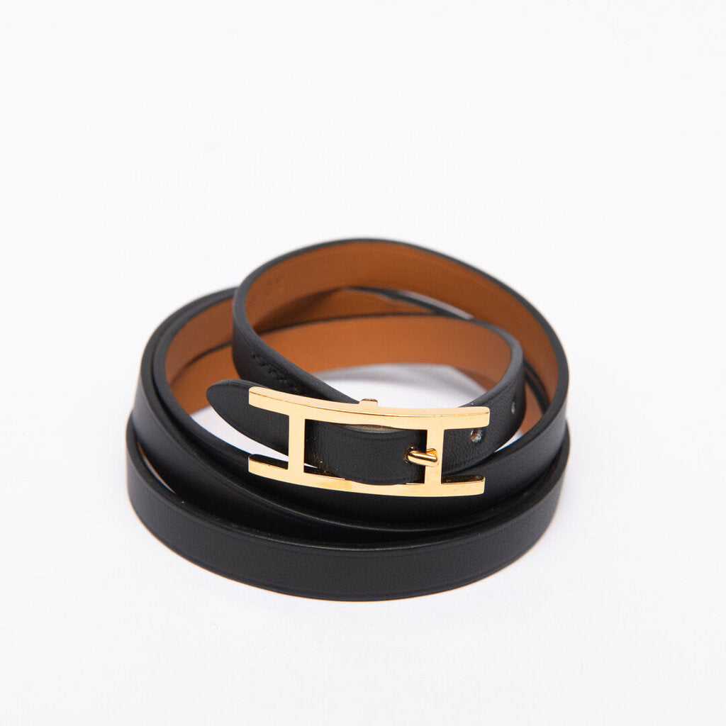 Hermes Gold & Black Leather Double Tour Bracelet