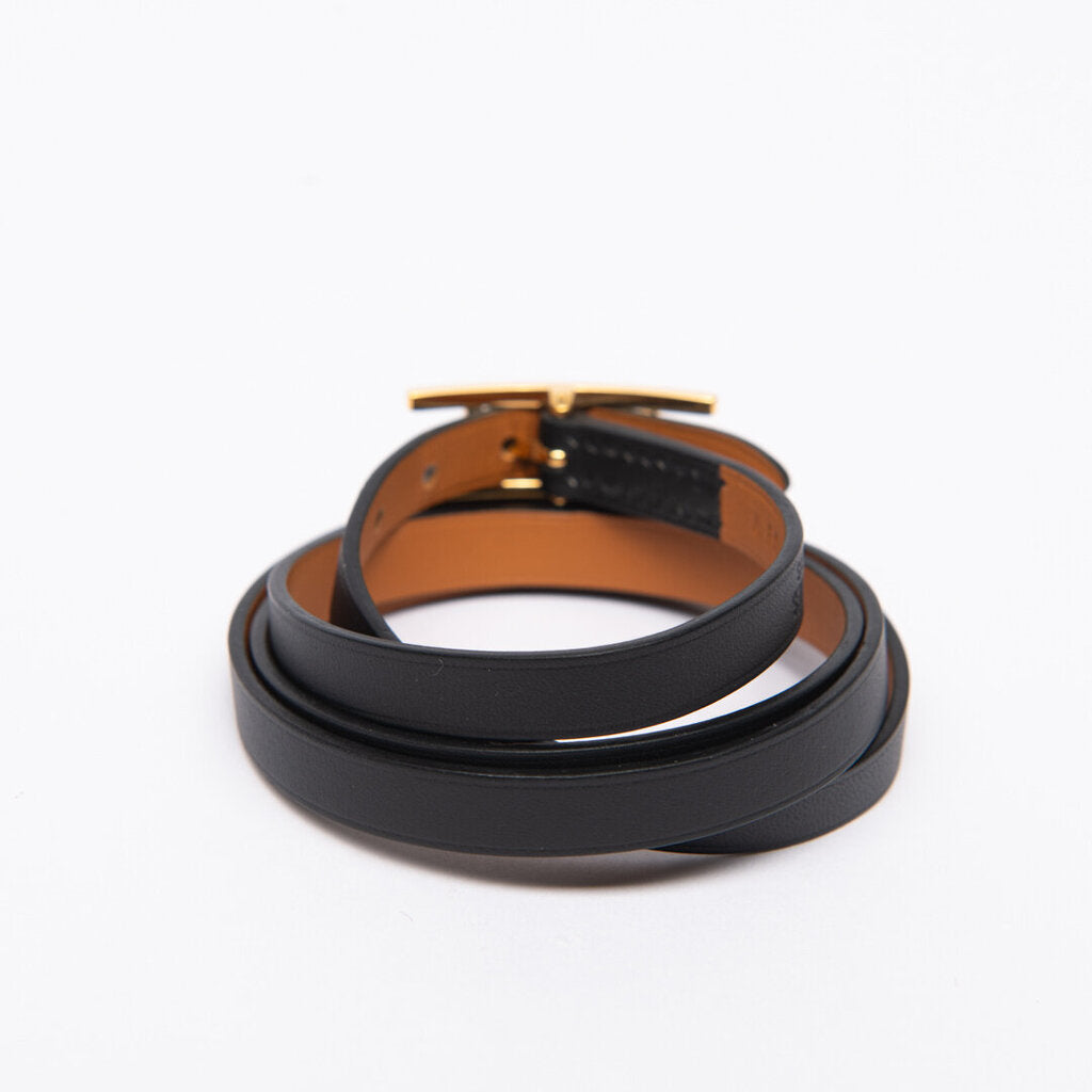 Hermes Gold & Black Leather Double Tour Bracelet