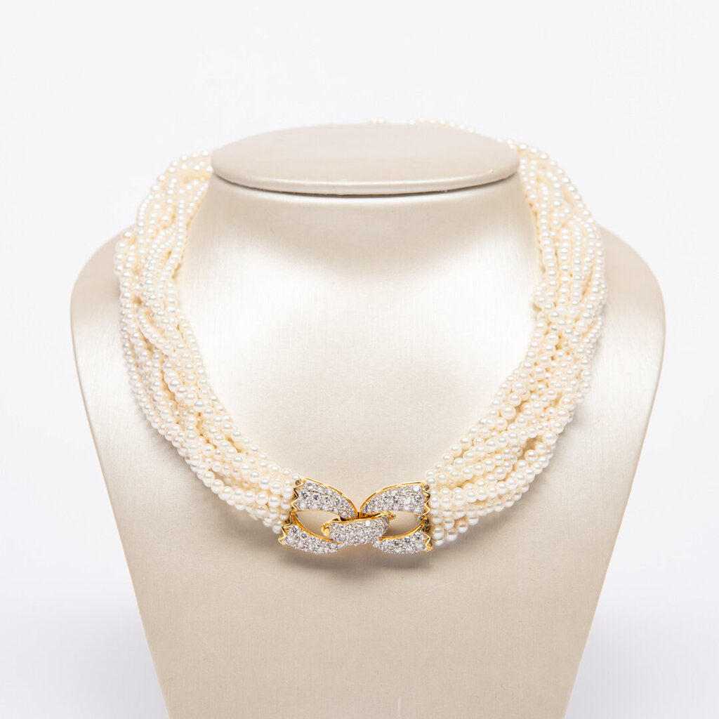 Cultured Pearl Multi-Strand Necklace w/18k YG Diamond Clasp