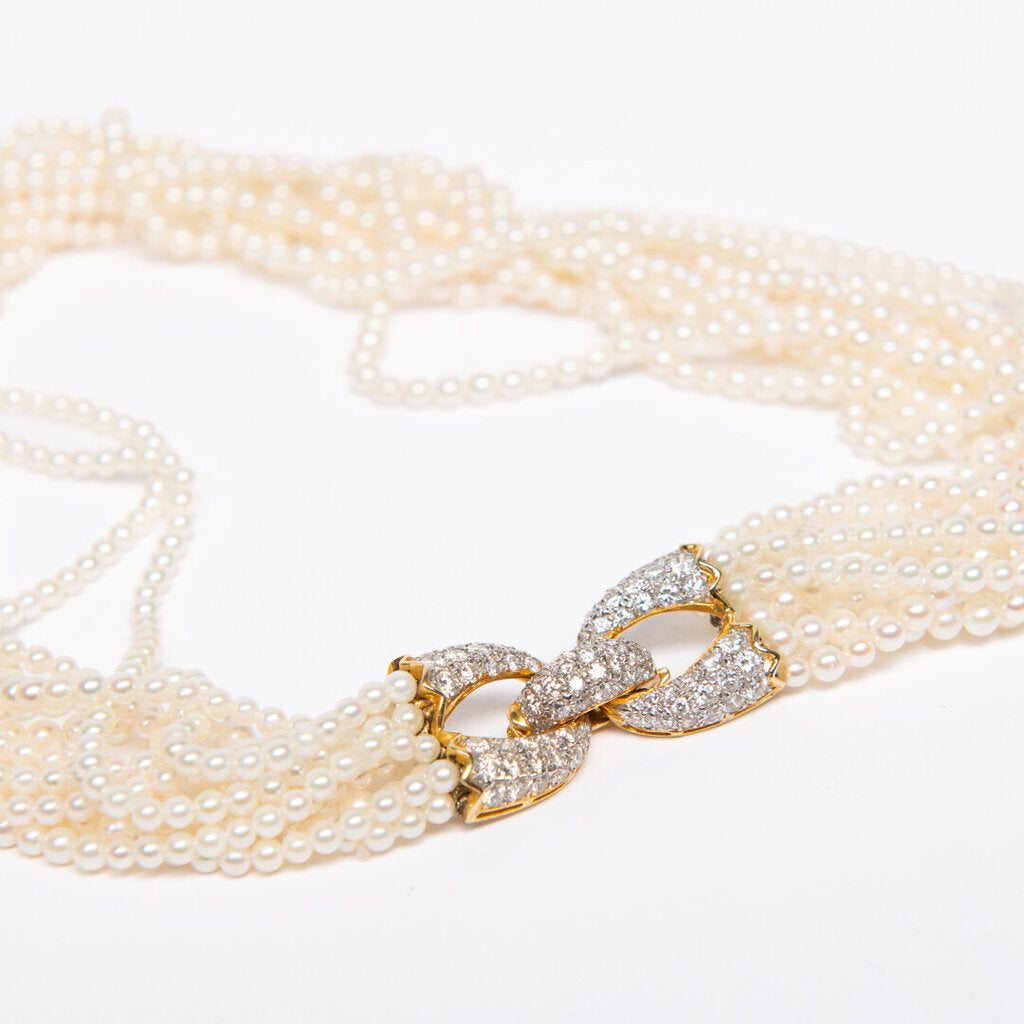 Cultured Pearl Multi-Strand Necklace w/18k YG Diamond Clasp