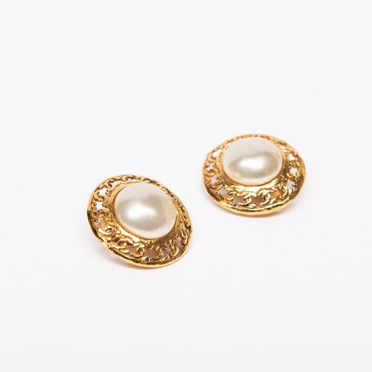 Chanel Collection 25 Gold Tone Faux Pearl Boarder Clip-On Earrings (1986-92)
