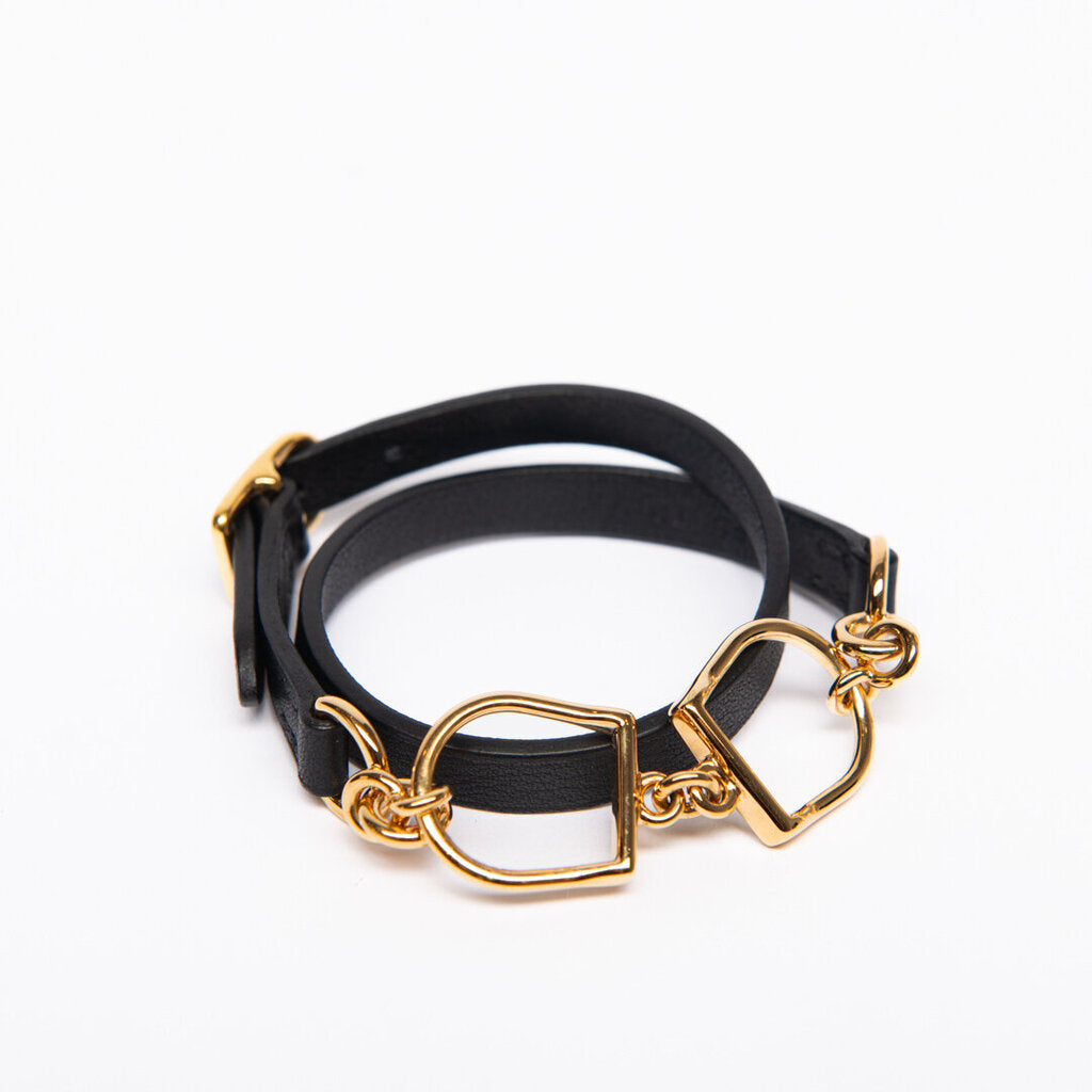 Gold & Black Leather Double Tour Horsebit Bracelet