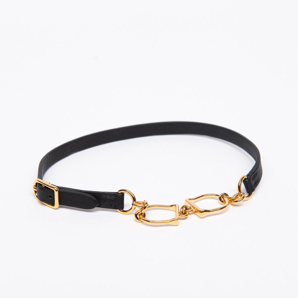 Gold & Black Leather Double Tour Horsebit Bracelet