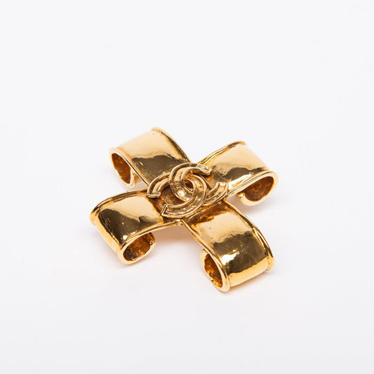 Chanel Gold Tone Cross Ribbon Brooch (1994)