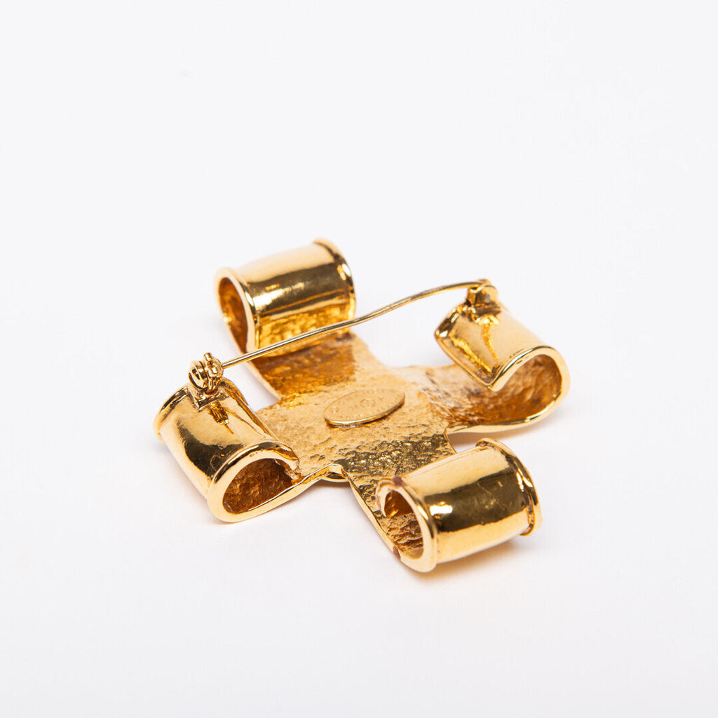Chanel Gold Tone Cross Ribbon Brooch (1994)