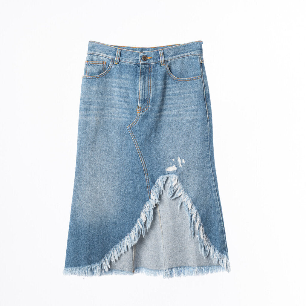 Chloe Blue Denim Distressed Midi Skirt