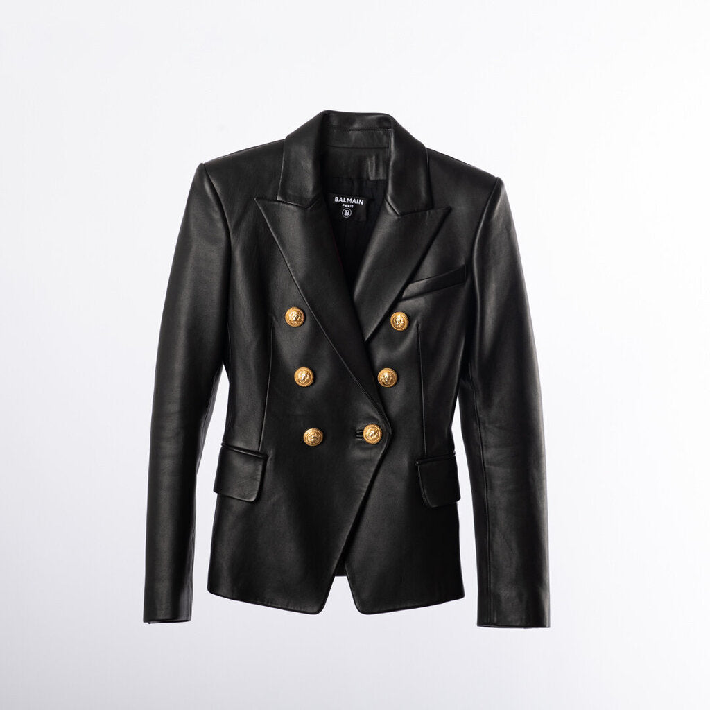Balmain Black Leather Jacket With Gold Buttons