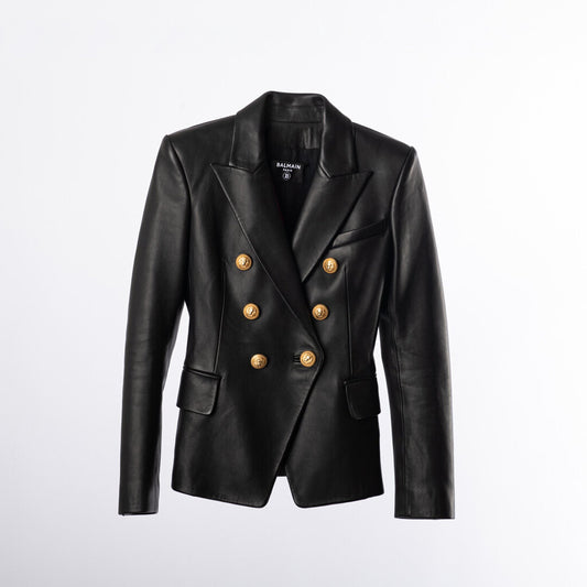 Balmain Black Leather Jacket With Gold Buttons