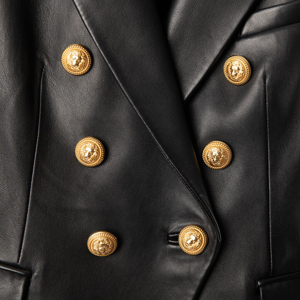 Balmain Black Leather Jacket With Gold Buttons