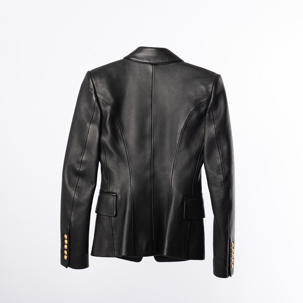 Balmain Black Leather Jacket With Gold Buttons
