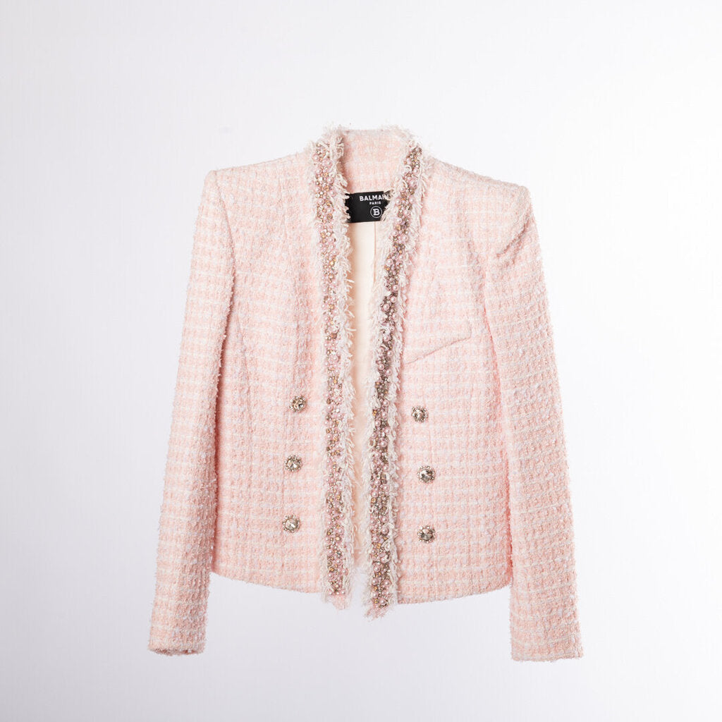 Balmain Pink Cotton & Wool Blend Tweed Blazer
