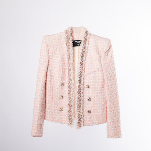 Balmain Pink Cotton & Wool Blend Tweed Blazer