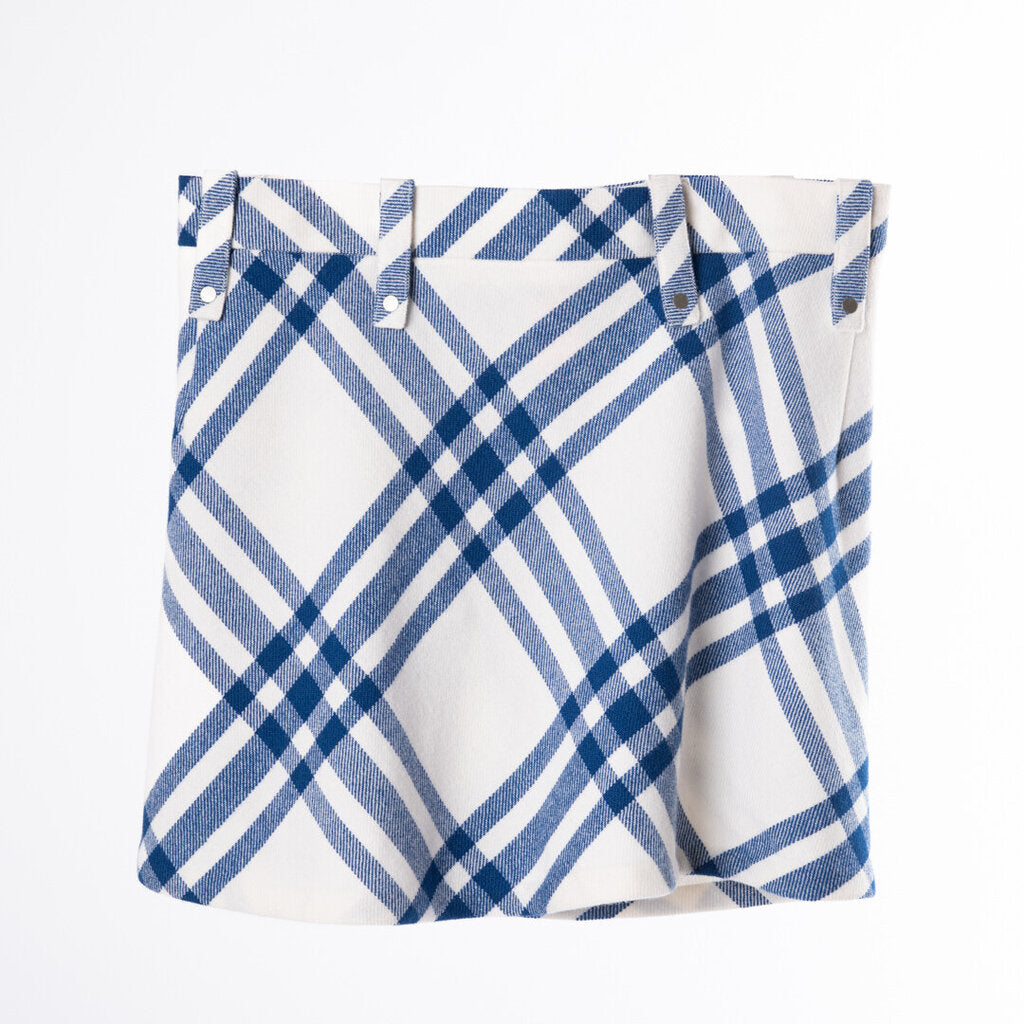 Burberry White & Blue Wool Check Skirt