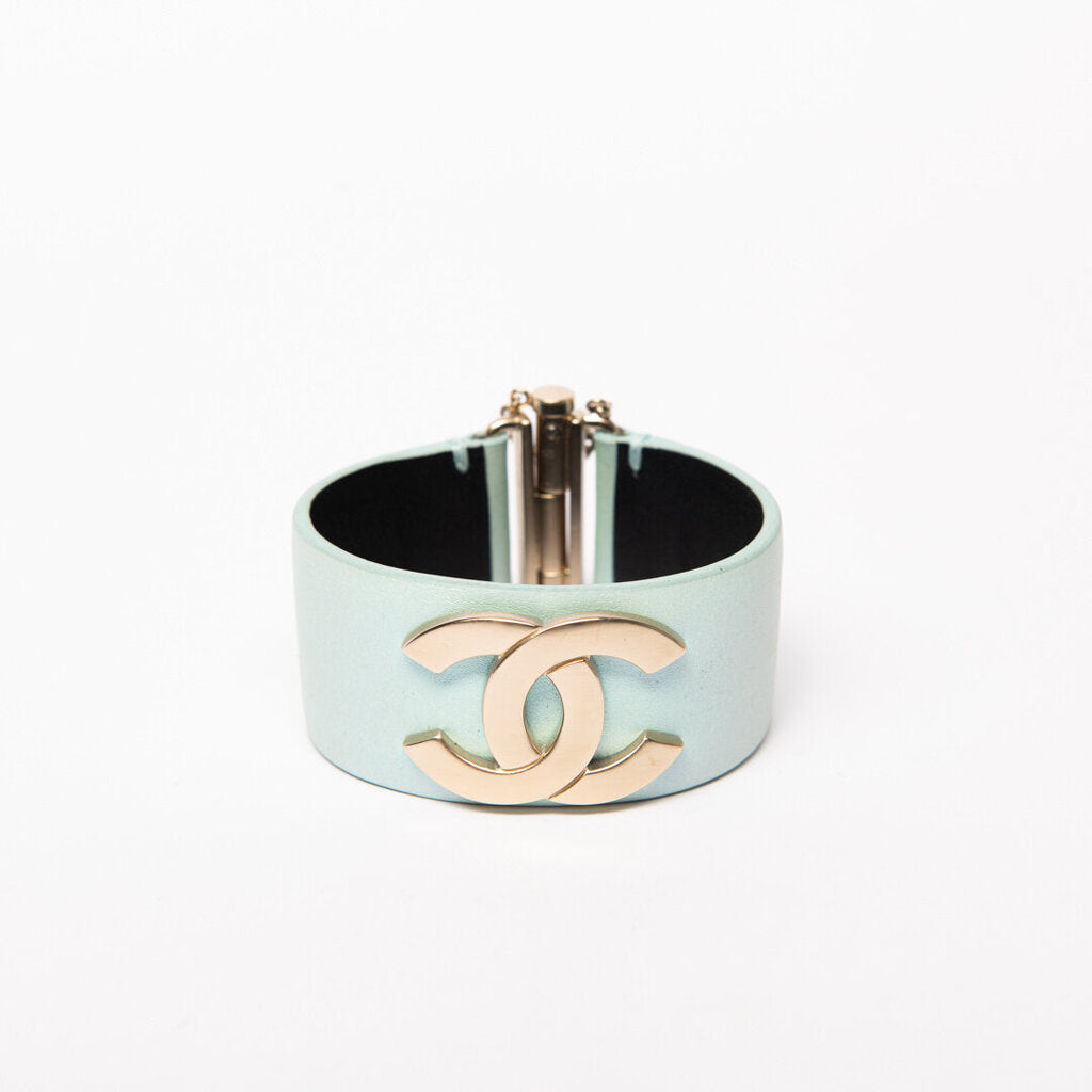Chanel Blue Leather & Gold "CC" Cuff